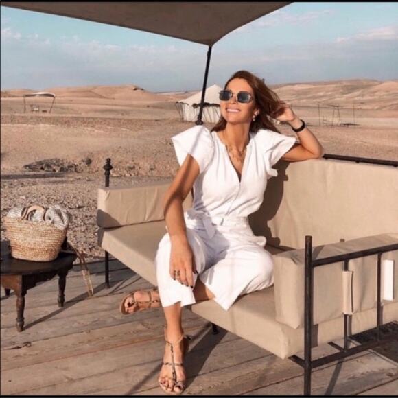 Zara White Rustic Jumpsuit Bloggers fav Size M Wide leg Belted - Picture 5 of 16